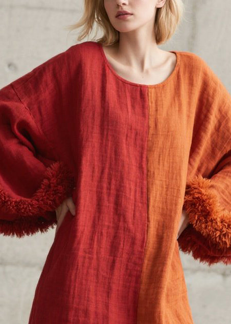 Diy Colorblock O-neck Patchwork Faux Fur Maxi Dress Lantern Sleeve