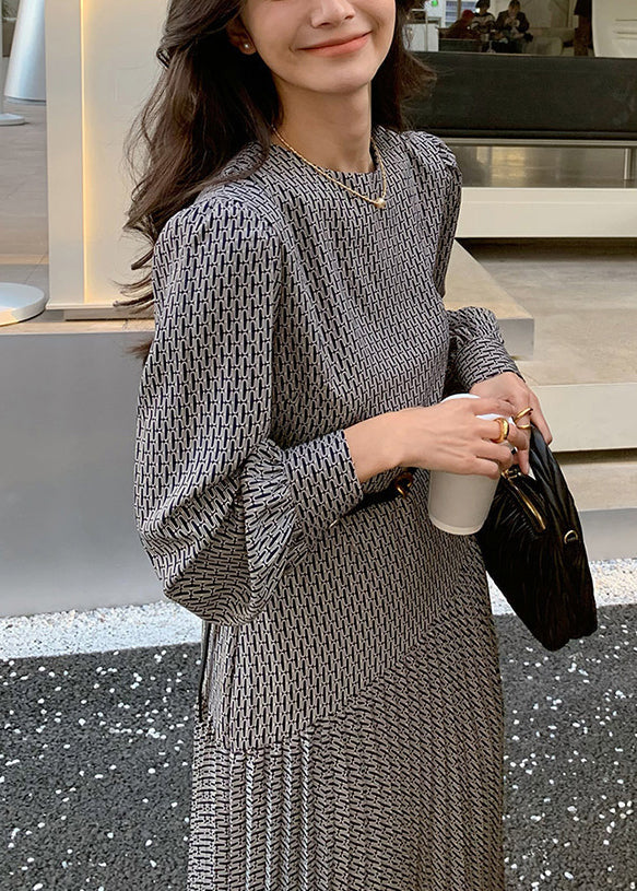 Italian Navy O-neck Print High Waist Cotton Long Dresses Fall