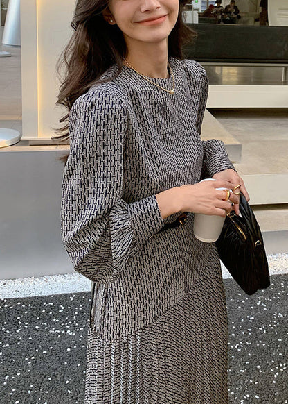 Italian Navy O-neck Print High Waist Cotton Long Dresses Fall