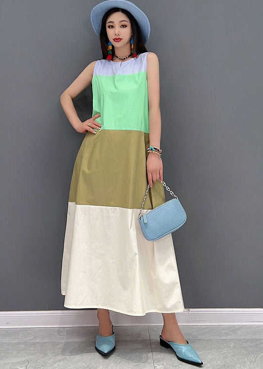 Slim Fit Colorblock O-neck Patchwork Cotton Holiday Long Dress Sleeveless