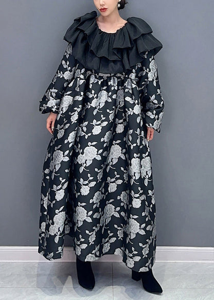 Black Ruffled Print Patchwork Cotton Long Dress Fall