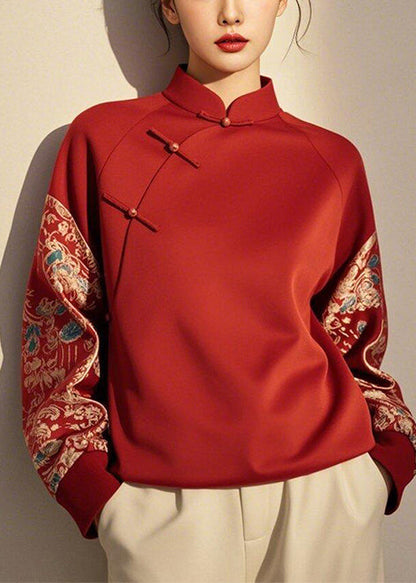 New Retro Red Chinese Button Patchwork Cotton Pullover Sweatshirt Spring