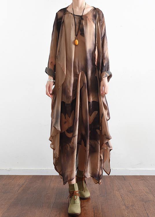 Khaki Print Asymmetrical Design Long Summer Chiffon Dress