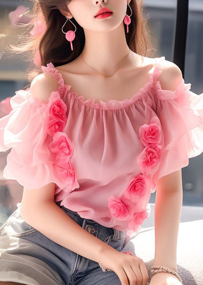Pink Ruffled Wrinkled Chiffon Top Short Sleeve