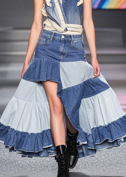 Modern Colorblock Ruffled Patchwork Denim a Line Skirt Spring