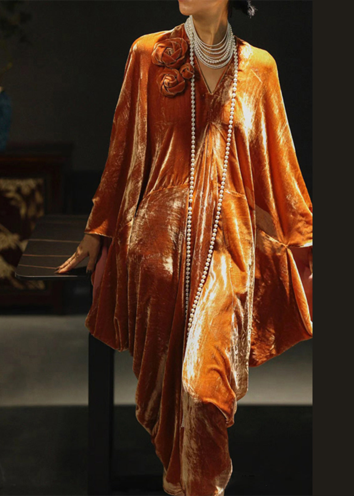 New Orange V Neck Silk Velour Dress Spring