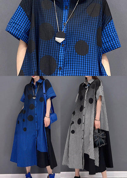 Blue Peter Pan Collar Button Plaid Shirt Dress Short Sleeve