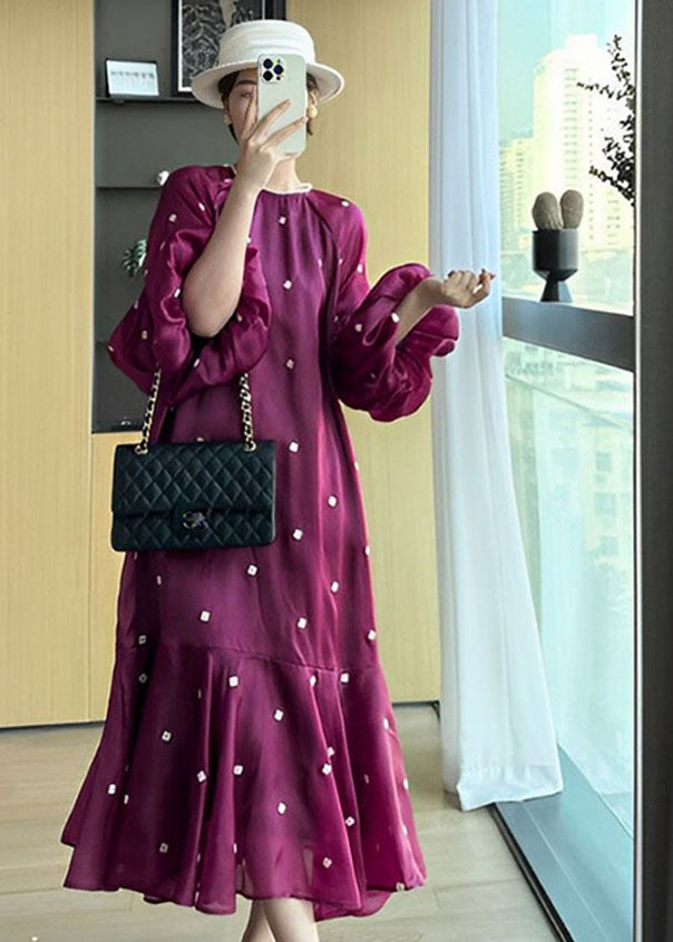 Purple O-neck Ruffled Patchwork Long Dresses Puff Sleeve