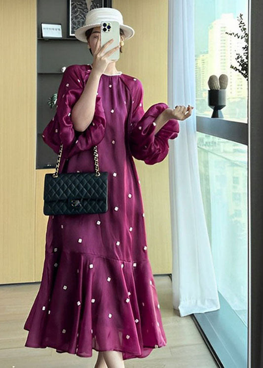 Purple O-neck Ruffled Patchwork Long Dresses Puff Sleeve
