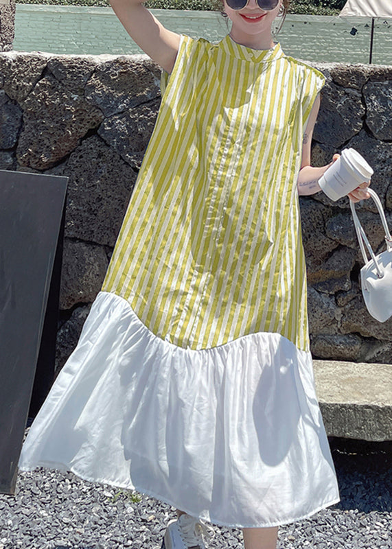 Blue Striped Patchwork Button Chiffon Long Dress Summer
