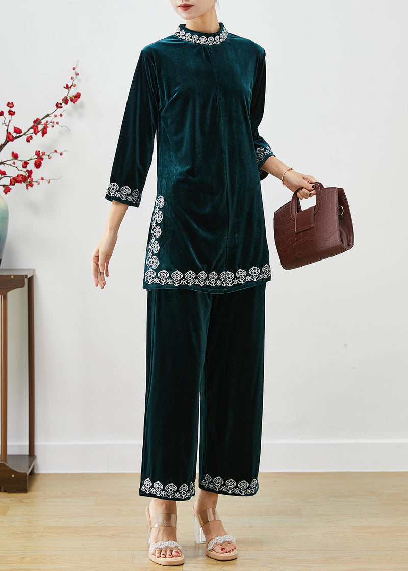 Peacock Green Embroideried Silk Velour Two Piece Set Bracelet Sleeve