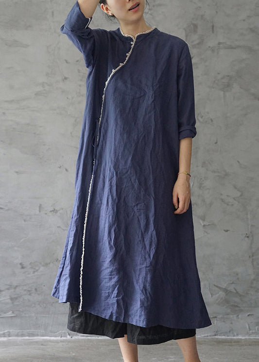 Retro Tibetan Blue Lace Patchwork Linen Dresses Long Sleeve