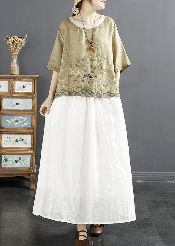 Green Low High Design Linen Shirts Embroideried Summer