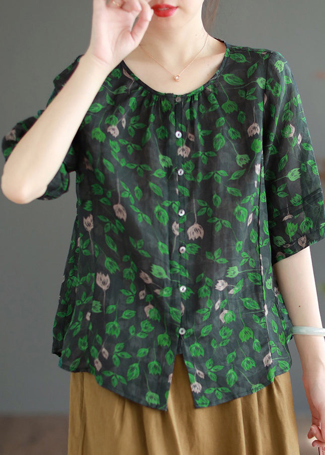 Green Print Button Linen Shirt Half Sleeve