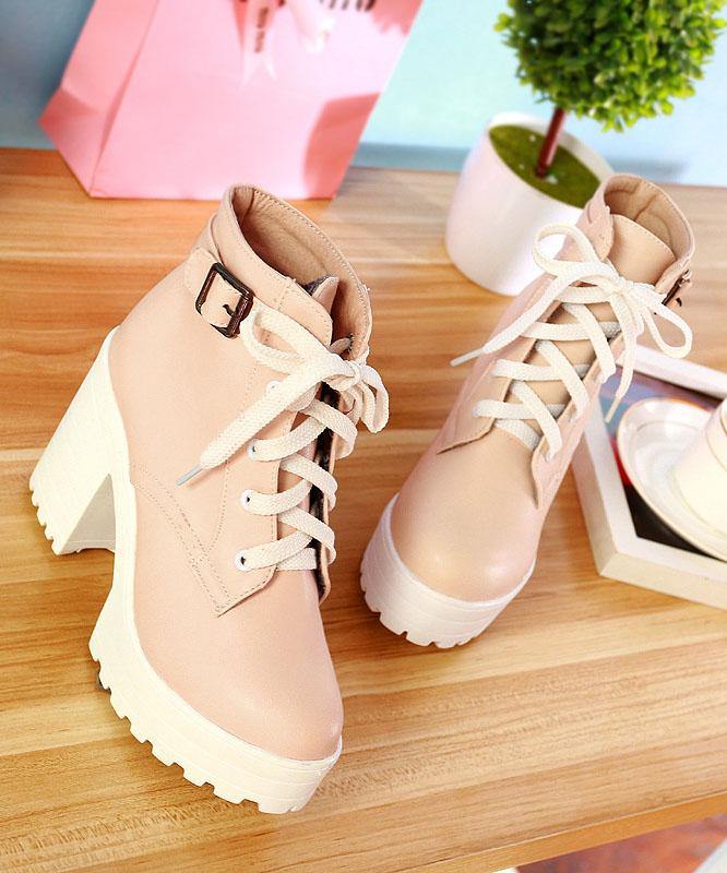 Cross Strap Chunky Boots Pink Faux Leather