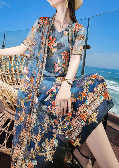 Fine Blue V Neck Print Silk Fake Two Piece Vacation Dresses Short Sleeve