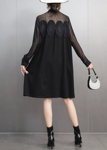 Black Lace Pockets Tulle Patchwork Dresses Fall
