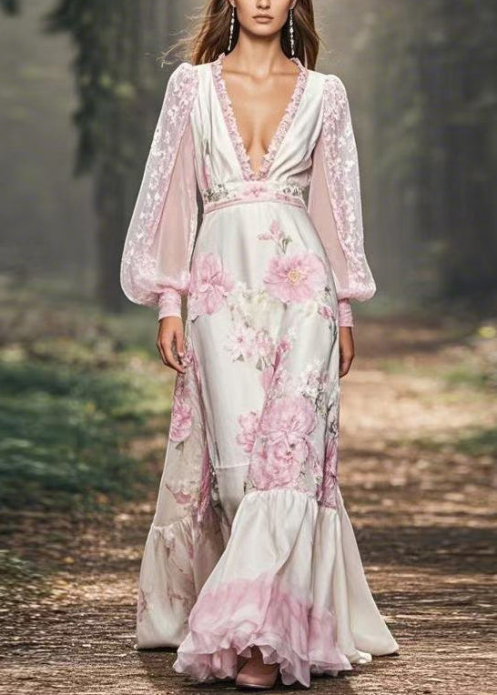 V Neck Print Patchwork Chiffon Maxi Dresses Fall