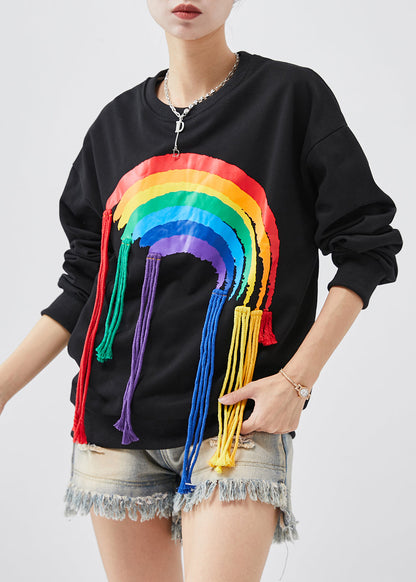 Diy Black Tasseled Rainbow Cotton Sweatshirt Tops Spring