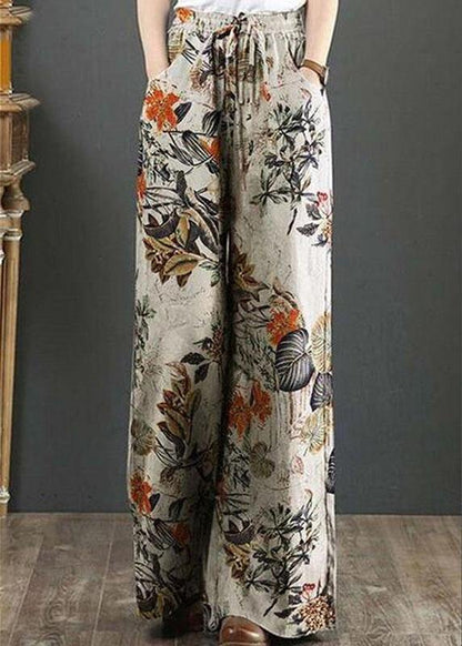 Cotton Palnt Print Pocket Drawstring Elastic Waist Retro Wide Leg Pants