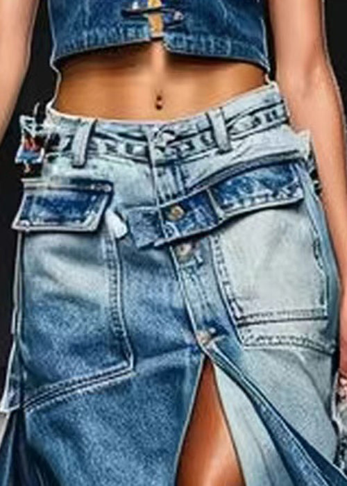 French Blue Button Pockets Front Open Denim Skirt Summer (ships in 24hrs)