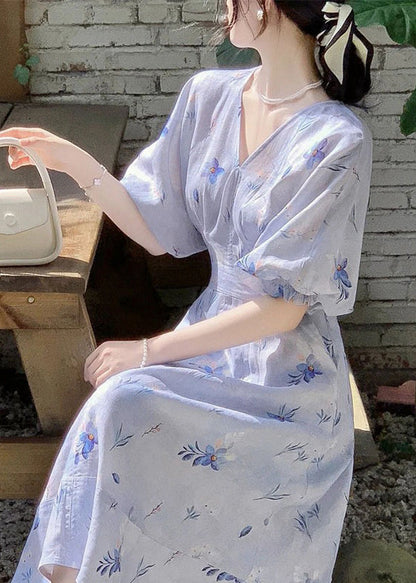 Blue V Neck Print Cotton Long Dress Summer