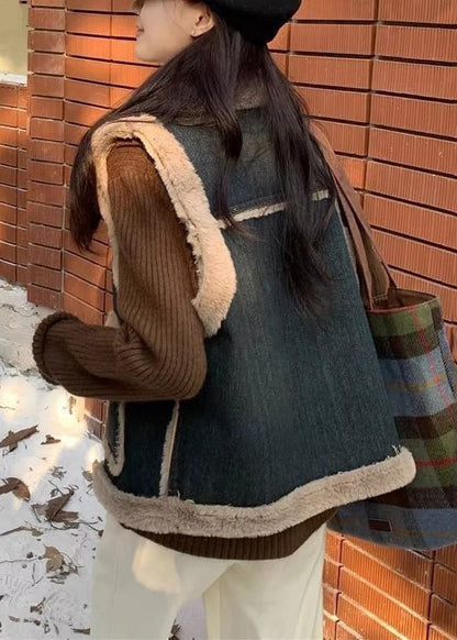 Denim Blue Button Pockets Warm Fleece Waistcoat Sleeveless