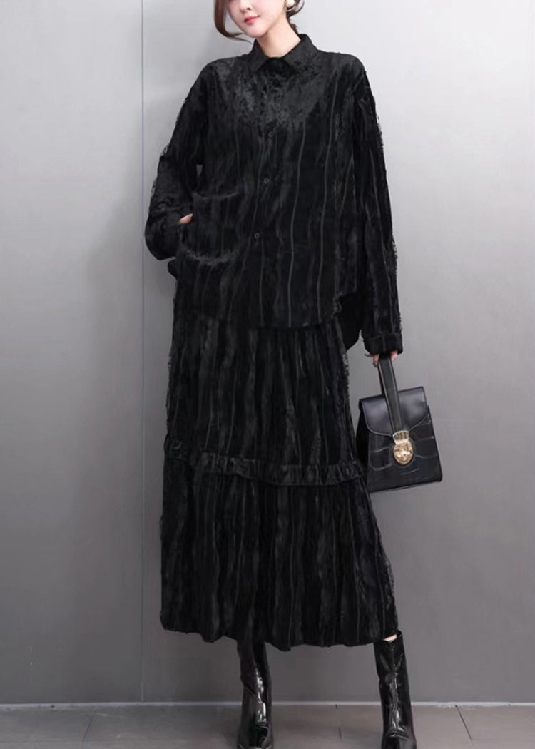 Fine Black Ruffled Wrinkled Shirt and Maxi Skirts Two Pieces Set Spring