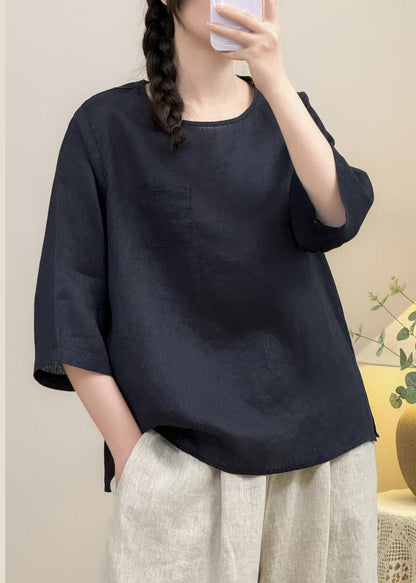 Simple Navy O Neck Linen Shirt Bracelet Sleeve