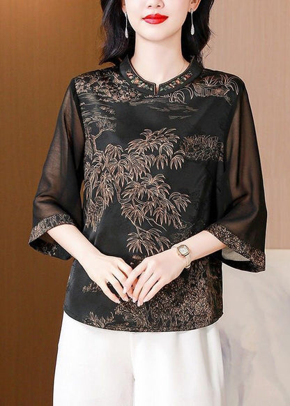 Coffee Embroidered Print Silk Shirt Stand Collar Summer