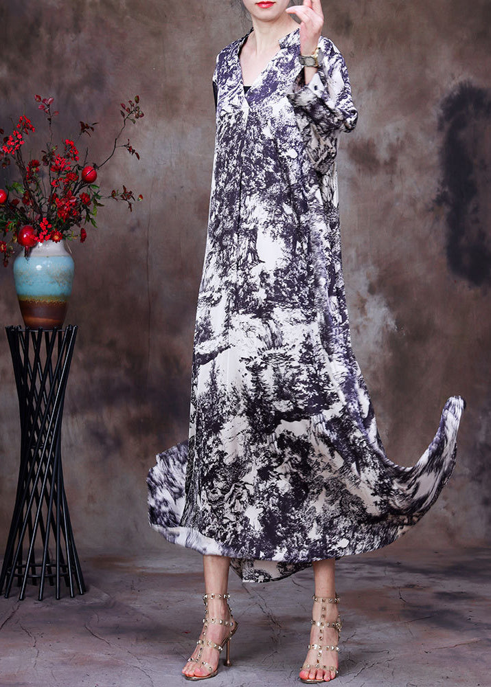 White V Neck Asymmetrical Design Tie Dye Silk Dress Long Sleeve