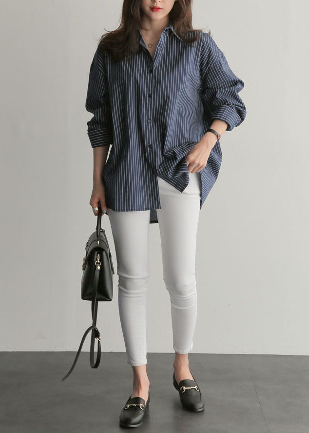Blue Peter Pan Collar Striped Cotton Shirts Top Spring
