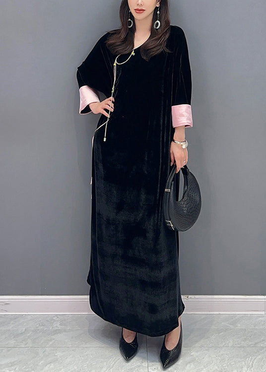 Black Lace Up Side Open Patchwork Velour Long Dress Fall
