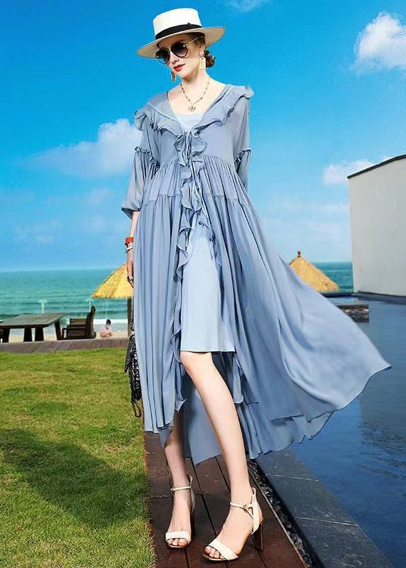 Blue Ruffled Asymmetrical Patchwork Silk Vacation Dresses Summer