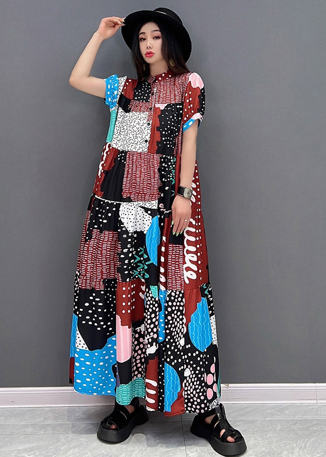 O-neck Print Button Long Dresses Short Sleeve