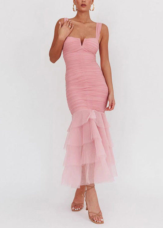 Slim Fit Pink Wrinkled Tulle Patchwork Long Dress Sleeveless Summer