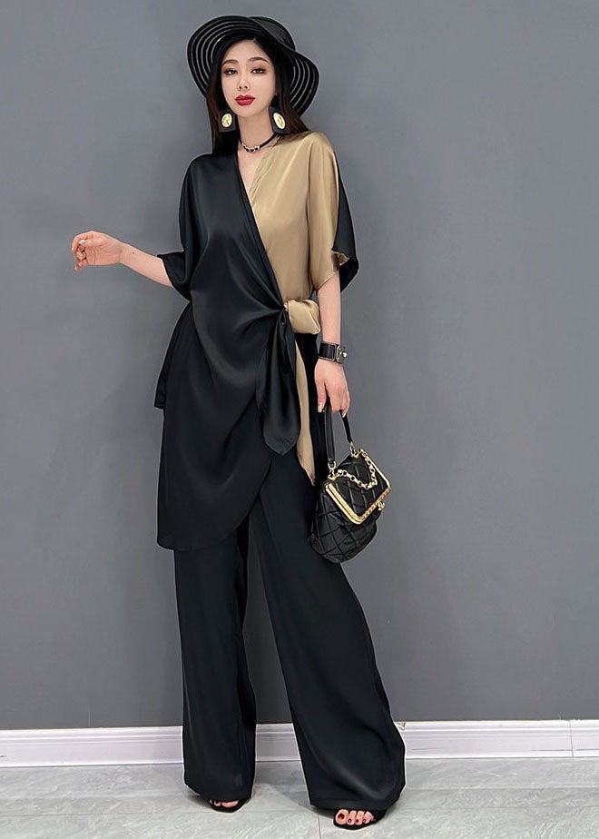 Black Khaki V Neck Asymmetrical Design Patchwork Chiffon Two Piece Suit Set Summer