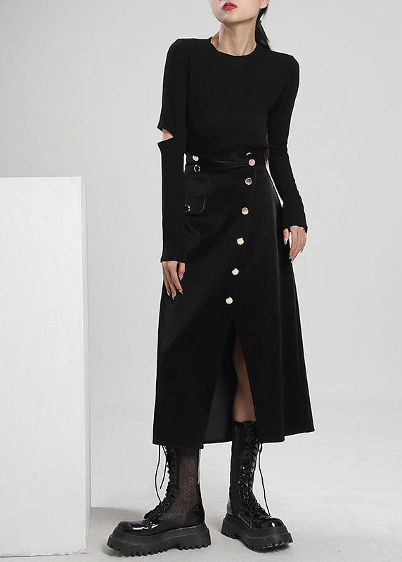Black Asymmetrical Button Corduroy Skirt Spring