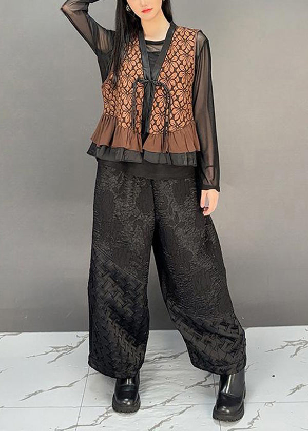 Brown V Neck Tassel Ruffled Cotton Vest Fall