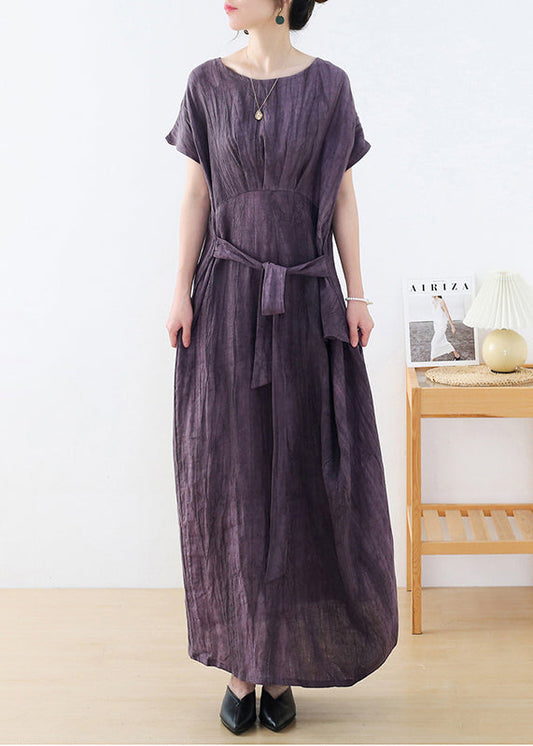 Purple O-neck Wrinkled Linen Long Dresses Short Sleeve