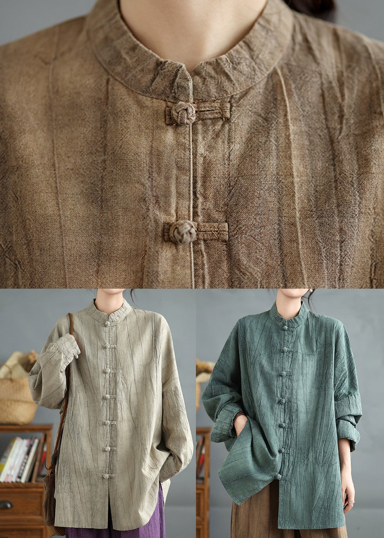 Khaki Oriental Button Cotton Shirt Top Spring