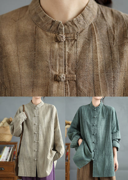 Khaki Oriental Button Cotton Shirt Top Spring