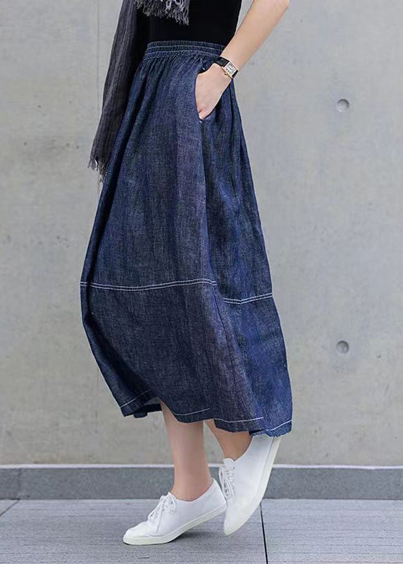 Denim Blue Pockets Elastic Waist Patchwork Skirts Spring