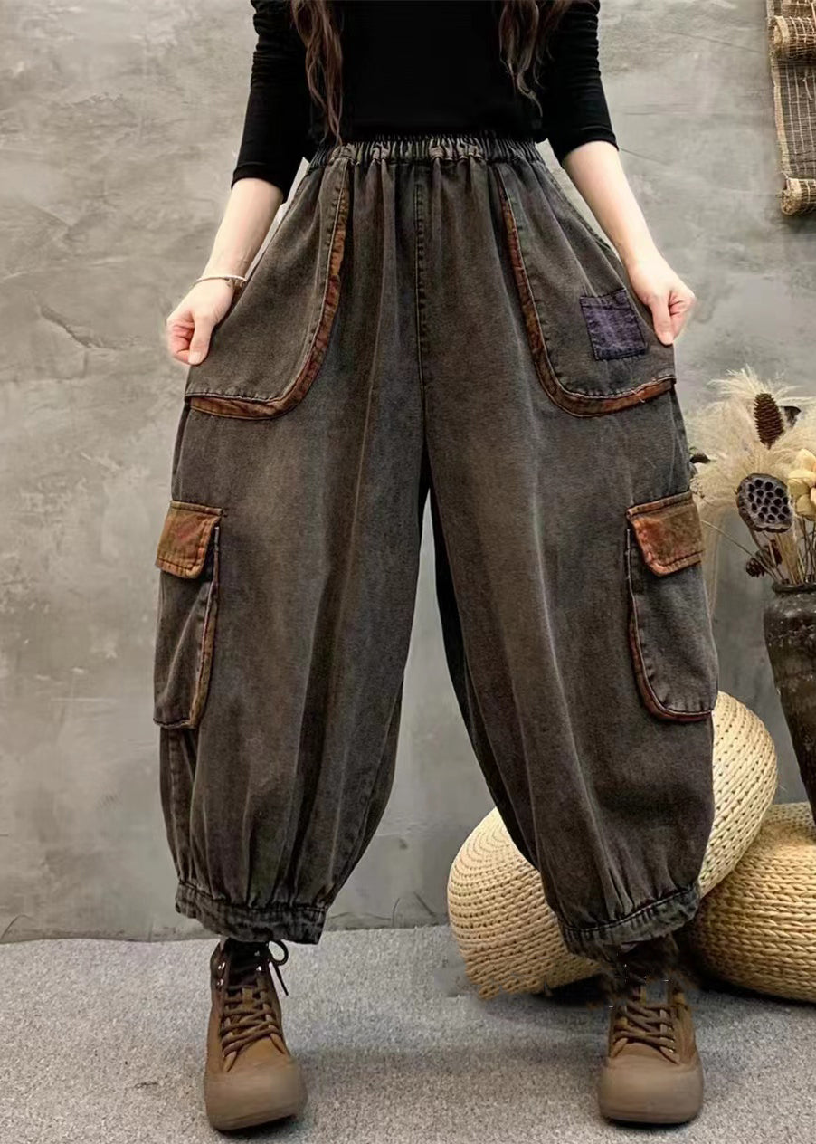 Black Pockets Elastic Waist Patchwork Denim Harem Pants Spring