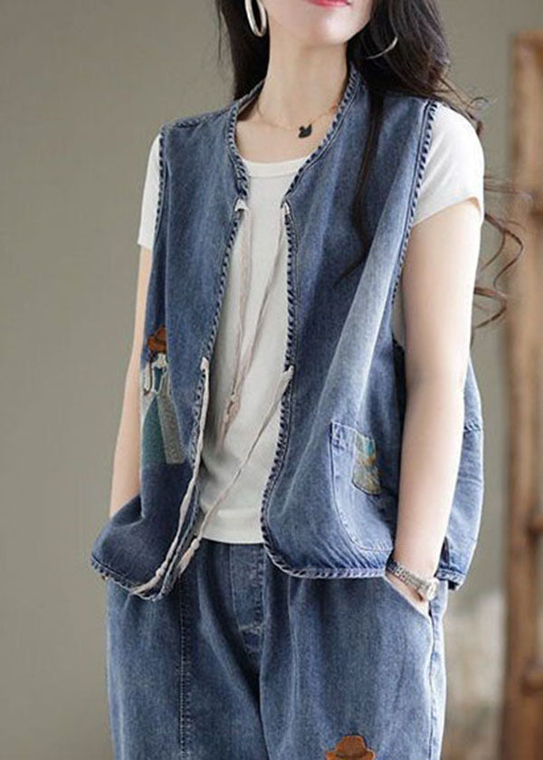 Organic Blue Embroideried O-neck Pocket Lace Up Cotton Vest Tops Sleeveless