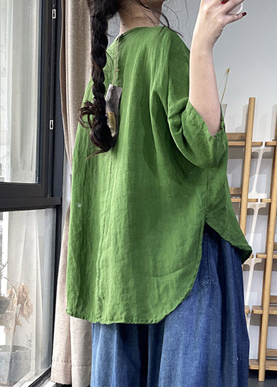 Green Button Side Open Cotton Blend Top Three Quarter Sleeve