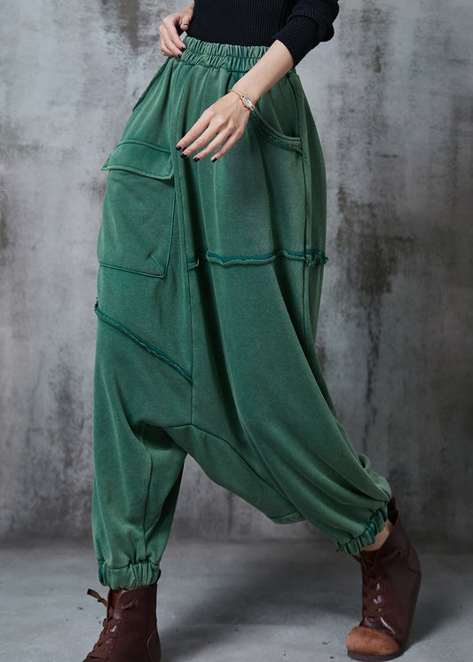 Green Oversized Asymmetrical Cotton Harem Pants Fall