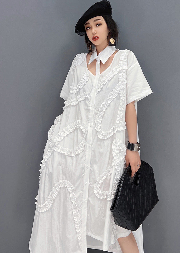 Original White Asymmetrical Design Ruffled Cotton Shirt Dress Short Sleeve