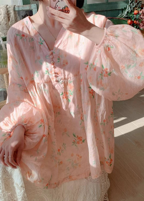 Pink Button Print Cotton Blouse Lantern Sleeve