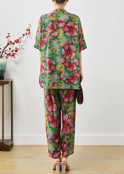 Red Chinese Button Linen Two Pieces Set Summer